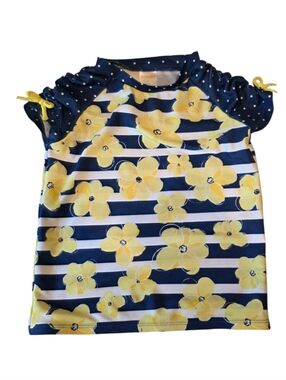Sun Guard Swim Top Girls Summer Top Short Sleeve Rash Guard  Striped Daisy Print